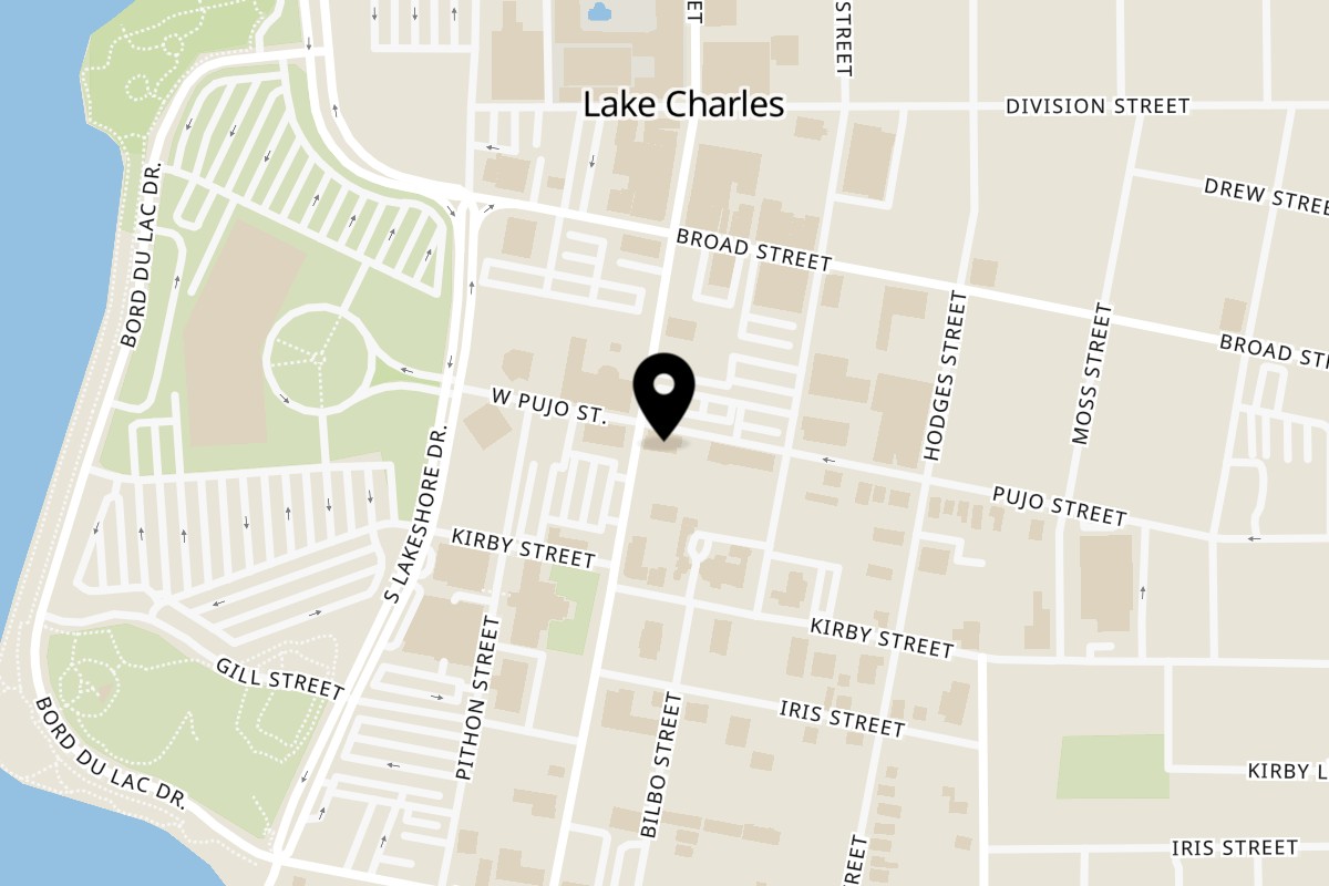 Map showing the location of Pujo St Cafe on 901 Ryan St in Lake Charles